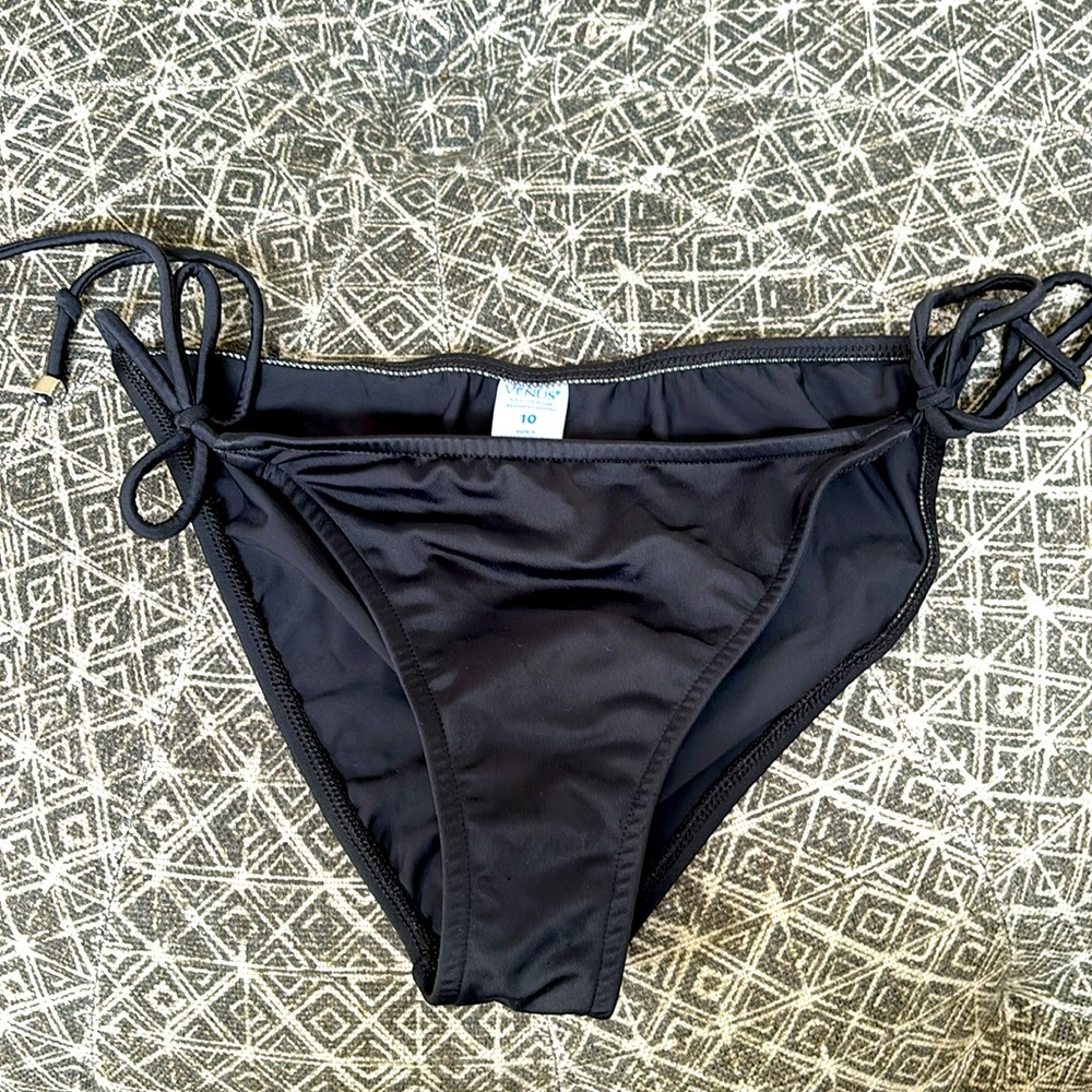 Venus black string bikini bottom with silver tassels, Size 10